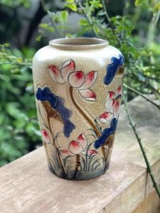 Lu không miệng men rạn sen màu