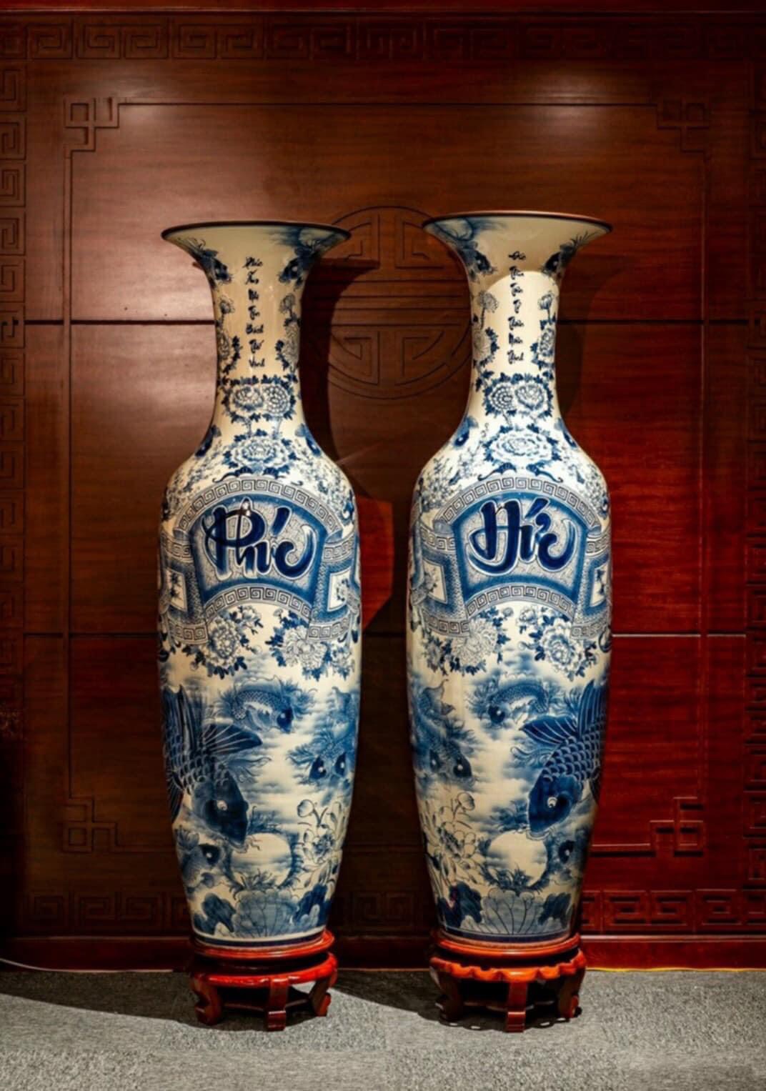 Lộc Bình Phúc Đức Men Lam Vẽ Tay