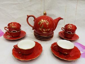 Bộ Ấm Chén Chóp Đỏ Chữ Phúc Chỉ Vàng