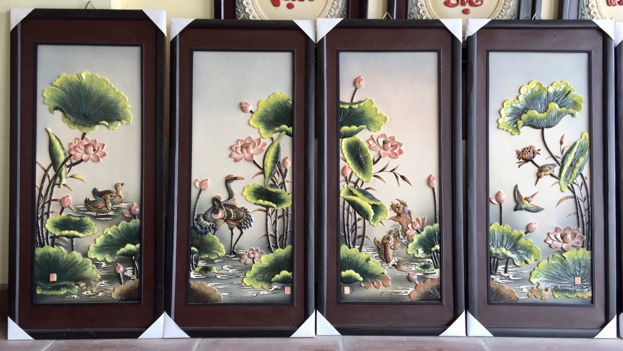 Tranh Tứ Quý Hoa Sen Đắp Nổi Nền Vàng - Ảnh 5