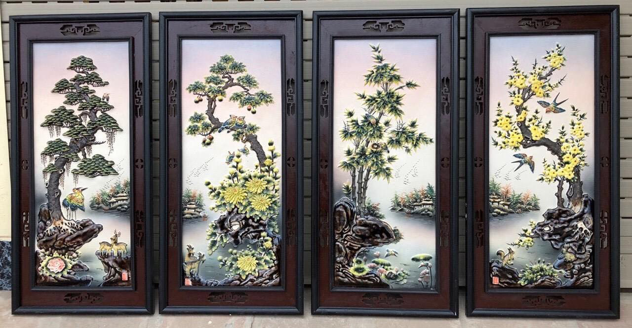Tranh Tứ Quý Bốn Mùa Đắp Nổi Nền Vàng