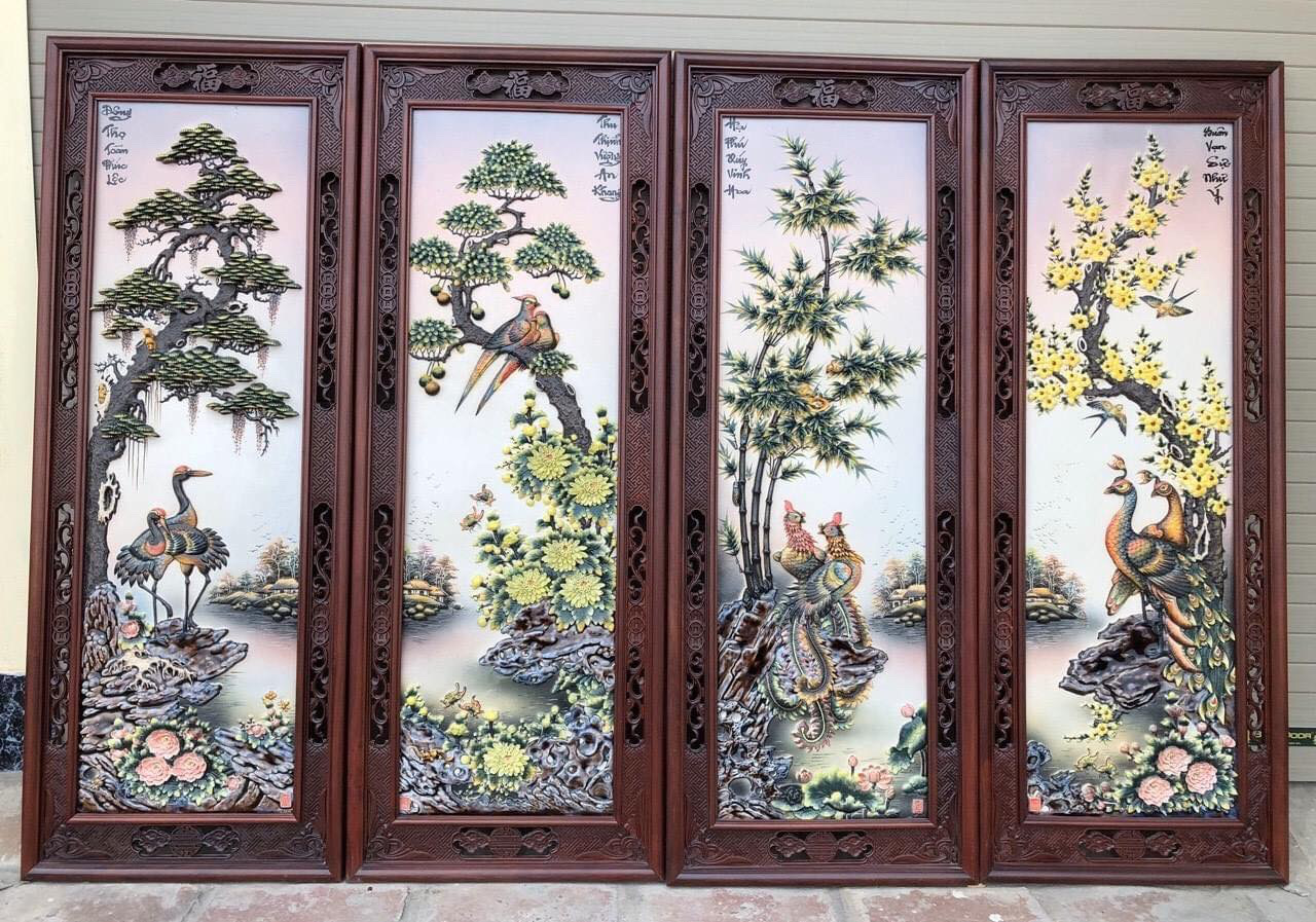 Tranh Tứ Quý Bốn Mùa Đắp Nổi Nền Vàng - Ảnh 3