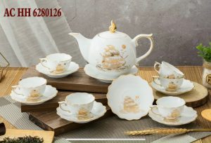 Bộ Ấm Chén Chóp Thuận Buồm Xuôi Gió Trắng Chỉ Vàng