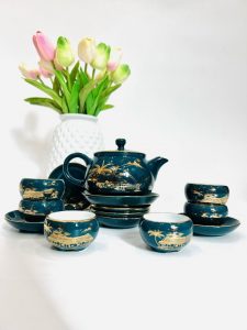 Bộ Ấm Chén Chum Lục Làng Quê Chỉ Vàng