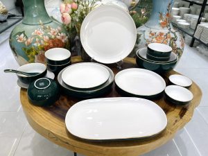 Set Bát Đĩa Xanh Lục Chỉ Vàng 01