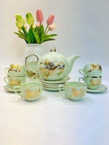 Bộ Ấm Chén Chóp Vinh Hoa Xanh Ngọc Chỉ Vàng