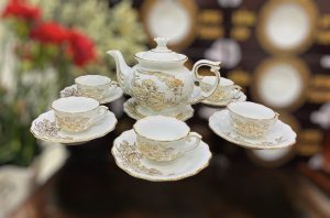 Bộ Ấm Chén Phú Quý Vinh Hoa Trắng Chỉ Vàng