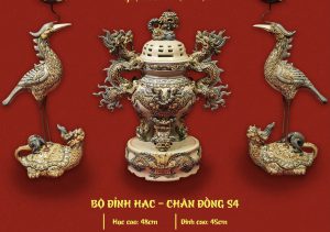 Bộ đỉnh hạc chân đồng men rạn đắp nổi
