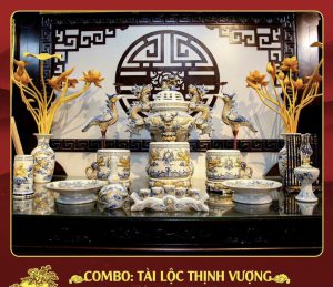 Bộ đồ thờ men rạn đắp nổi 05 Tài Lộc Thịnh Vượng
