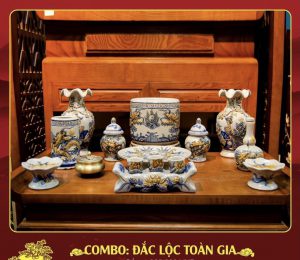 Bộ đồ thờ men rạn đắp nổi 07 Đắc Lộc Toàn Gia