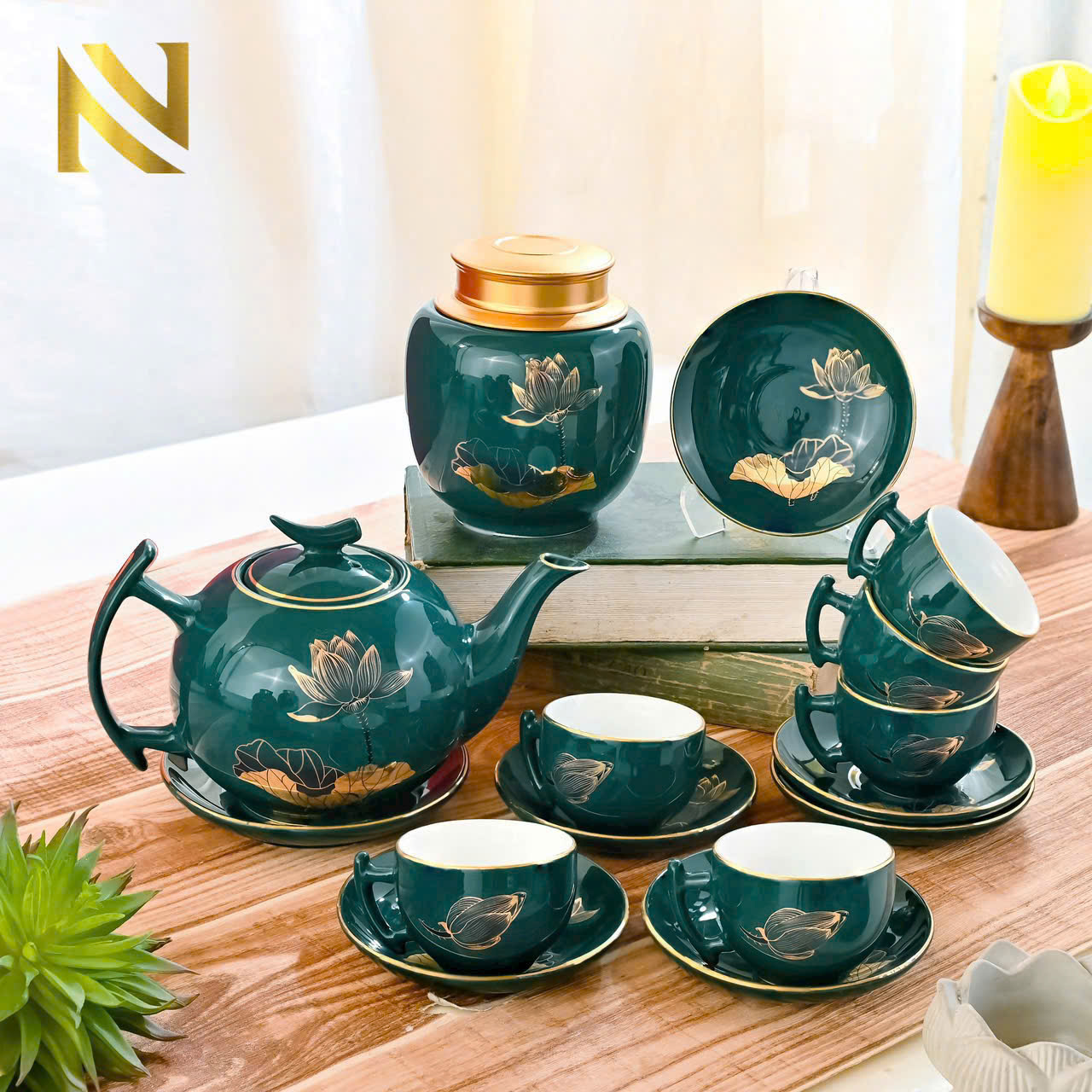 Bộ ấm chén xanh lục vàng kim - Ảnh 4