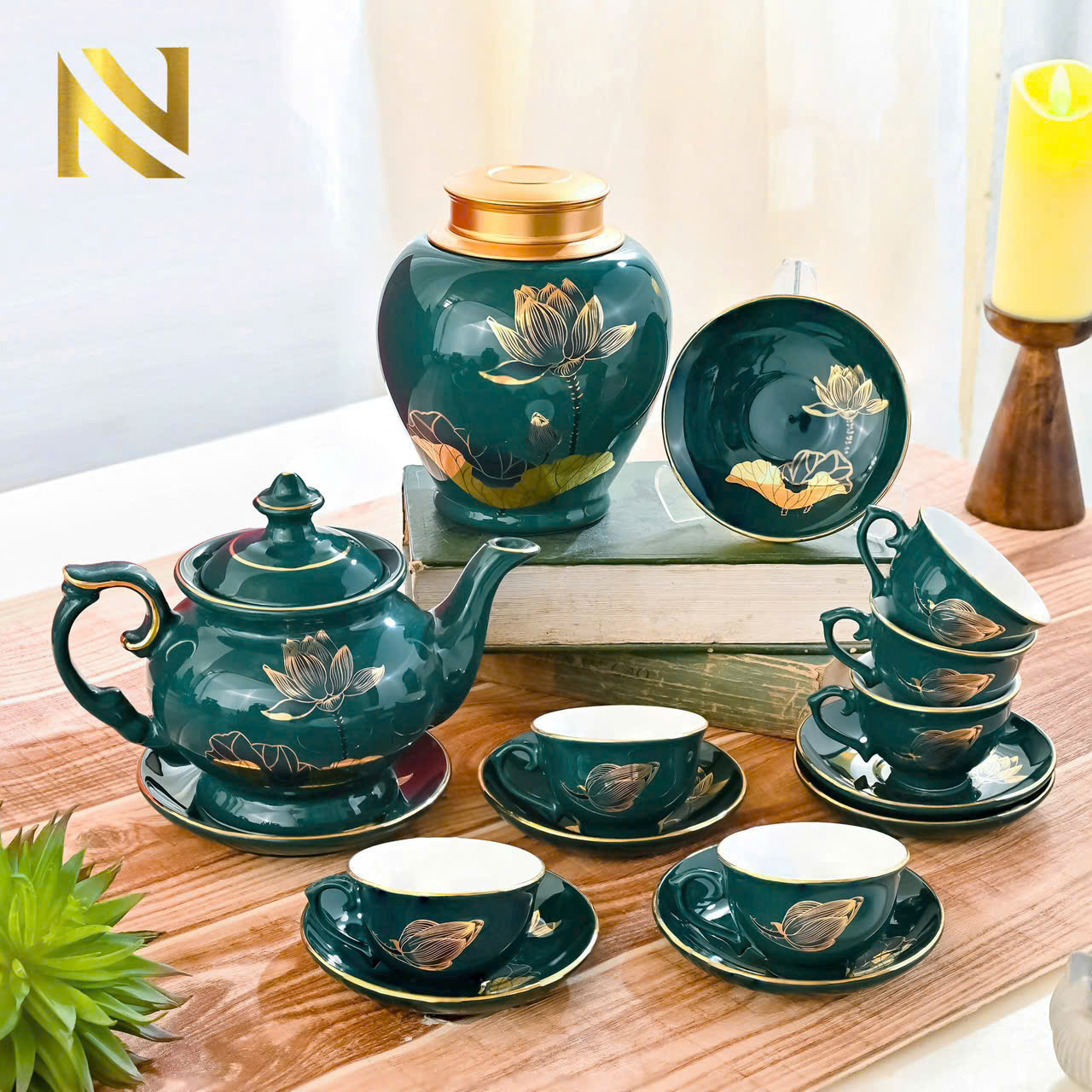 Bộ ấm chén xanh lục vàng kim - Ảnh 2