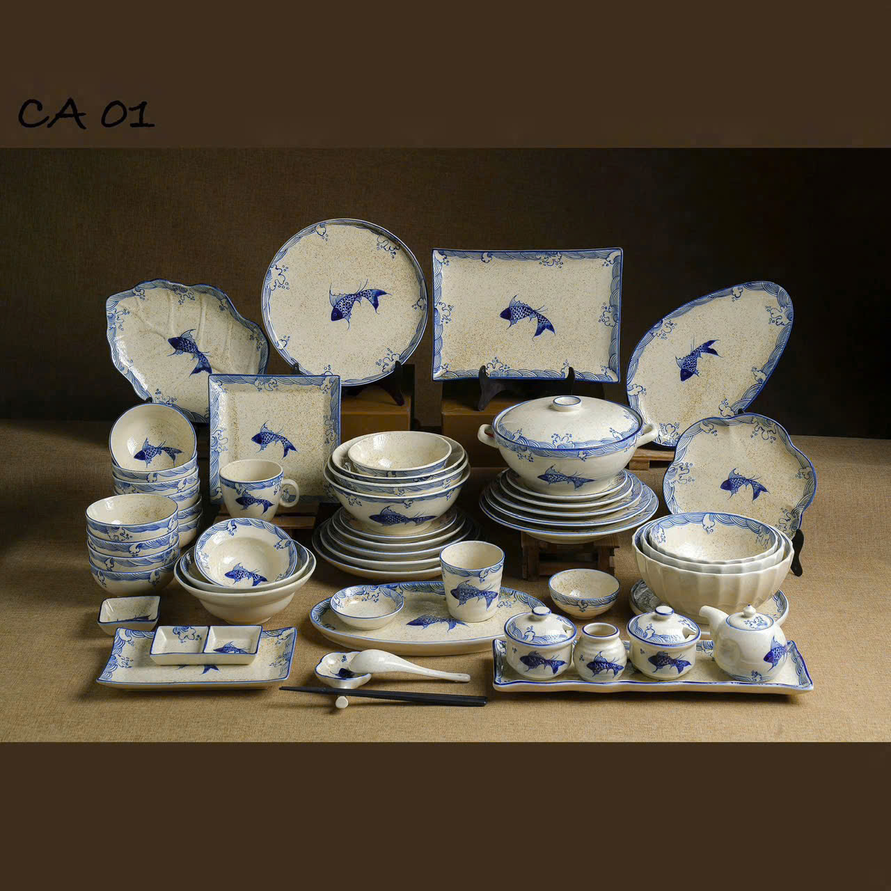 Bộ đồ ăn men tiêu vẽ cá